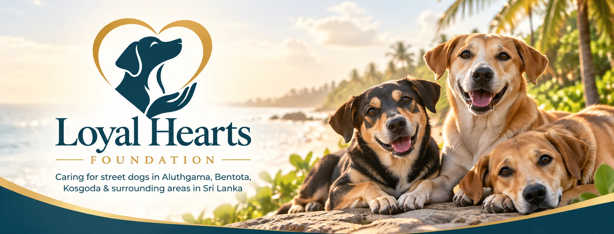 Loyal Hearts Foundation banner with street dogs on the Sri Lankan coast