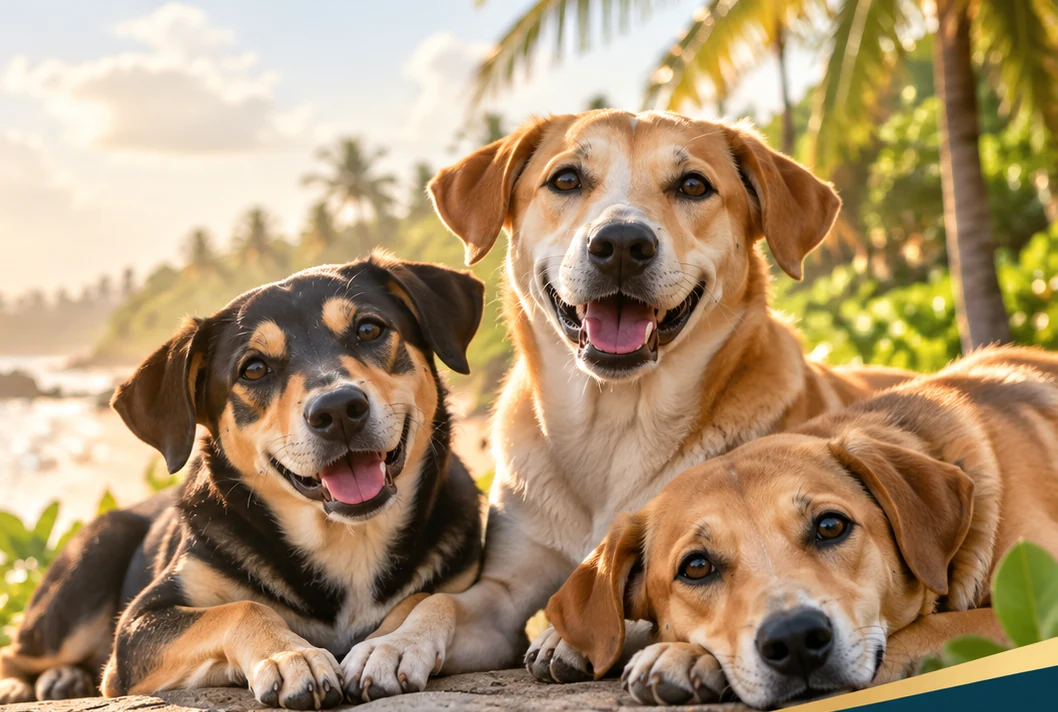 Three friendly dogs resting together near the coast